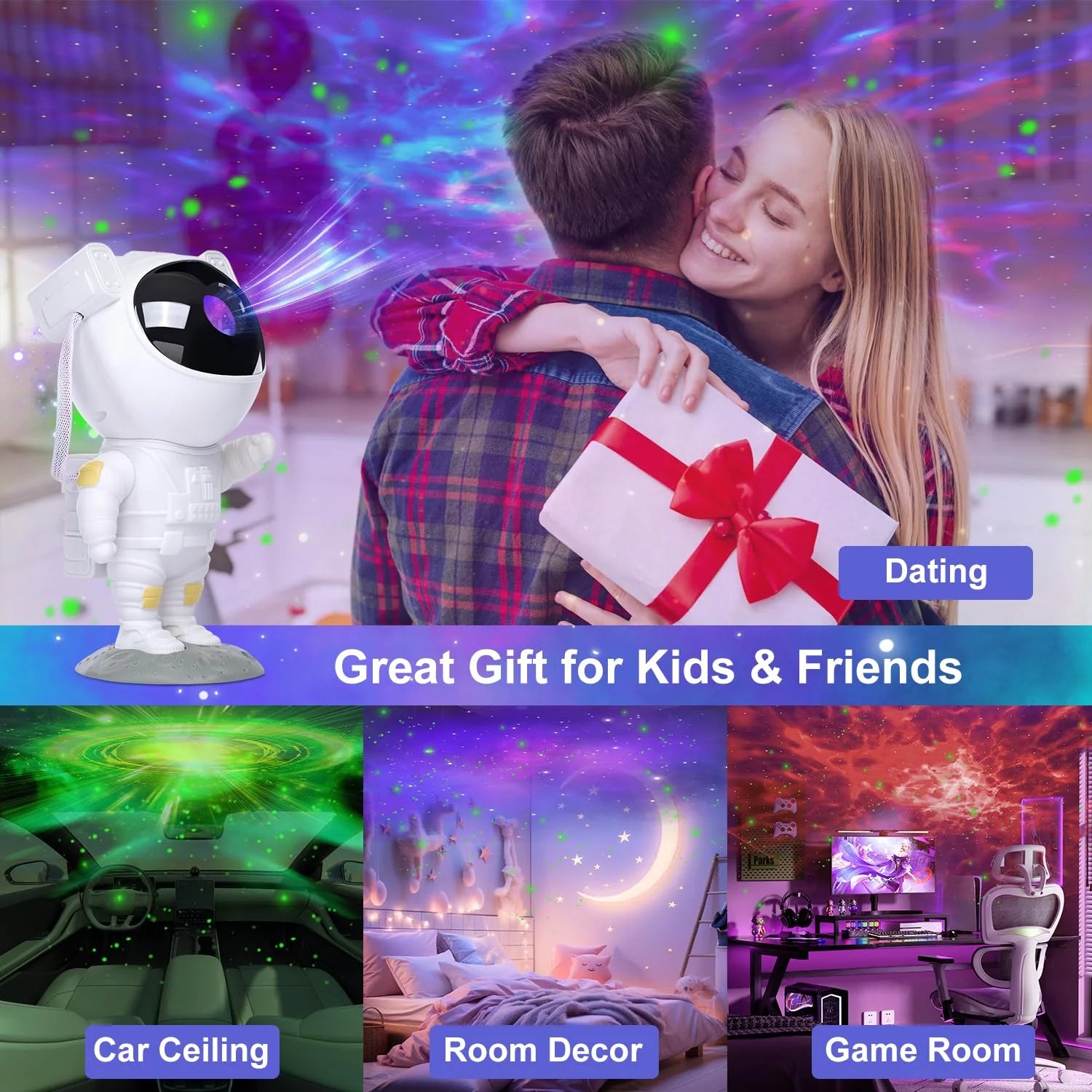 Star Projector with Bluetooth Speaker and Remote, Northern Lights Aurora Projector with Moon and Star