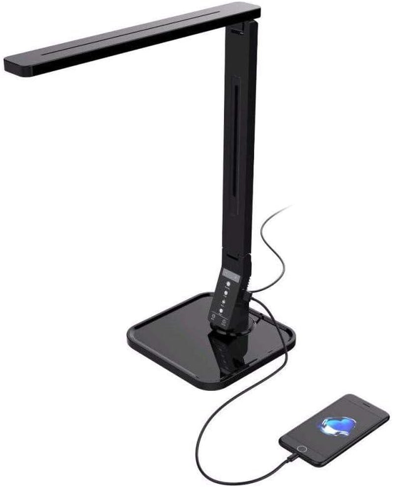 LED Desk Office Lamp, Exclusive: 27 Eye-Caring Recessed Leds, 5-Level Brightness, 4-Lighting Modes, USB Charging Port, 14W, Touch Control Panel, Dimmer, 1-Hour Auto Timer, 5V/1A, (Black)